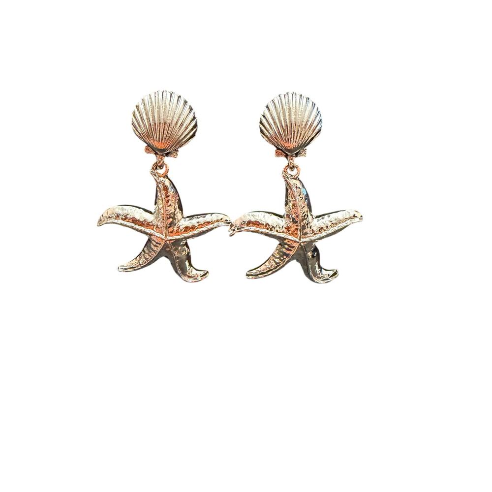UANNEAU Starfish Shell Dangle Earrings Silver Tone Coastal Beach New